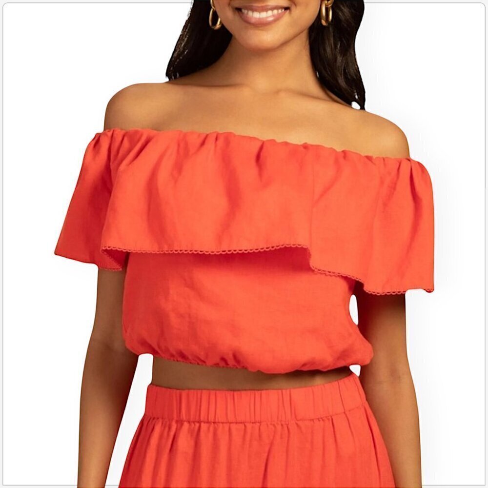 Trina Turk Out of Office Terrace Off Shoulder Firestick Orange Linen Top NWT XL